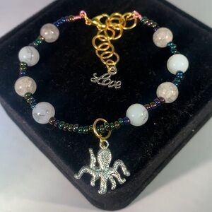 INKTIDE WHISPER — Handcrafted Blue Gray Glass Beaded Bracelet w/ Octopus Charm